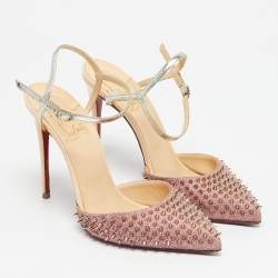 Pre Owned Christian Louboutin Pink/Beige Lurex Fabric and Leather Baila Spike Ankle Strap Pumps Size 36.5