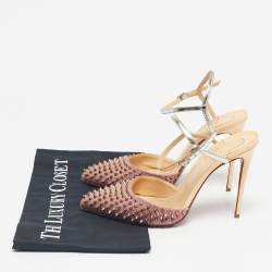 Pre Owned Christian Louboutin Pink/Beige Lurex Fabric and Leather Baila Spike Ankle Strap Pumps Size 36.5