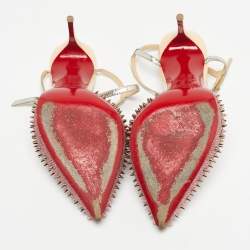 Pre Owned Christian Louboutin Pink/Beige Lurex Fabric and Leather Baila Spike Ankle Strap Pumps Size 36.5