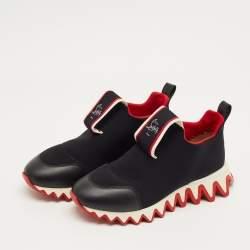 Pre Owned Christian Louboutin Black Leather and Neoprene Tiketa High Top Sneakers Size 38.5