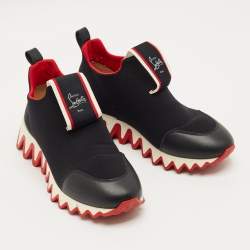 Pre Owned Christian Louboutin Black Leather and Neoprene Tiketa High Top Sneakers Size 38.5