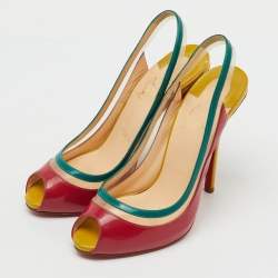Pre Owned Christian Louboutin Multicolor Patent Leather and PVC Paulina Peep Toe Slingback Sandals Size 38
