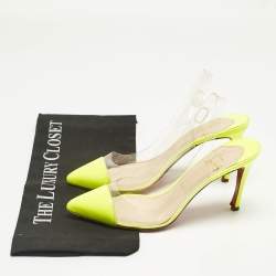 Pre Owned Christian Louboutin Neon Yellow Patent Leather and PVC Pumps Size 37.5