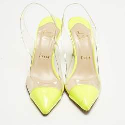 Pre Owned Christian Louboutin Neon Yellow Patent Leather and PVC Pumps Size 37.5