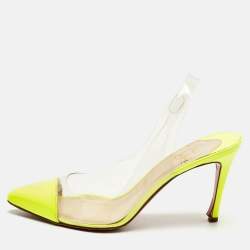 Pre Owned Christian Louboutin Neon Yellow Patent Leather and PVC Pumps Size 37.5