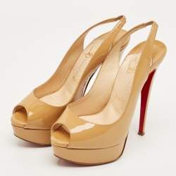 Pre Owned Christian Louboutin Beige Patent Leather Private Number Peep Toe Pumps Size 35.5