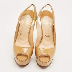 Pre Owned Christian Louboutin Beige Patent Leather Private Number Peep Toe Pumps Size 35.5