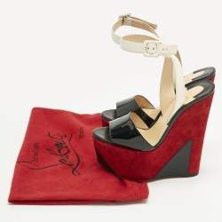 Pre Owned Christian Louboutin Black/White Leather and Patent Leather Tromploia Wedge Sandals Size 36