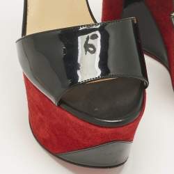 Pre Owned Christian Louboutin Black/White Leather and Patent Leather Tromploia Wedge Sandals Size 36