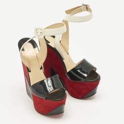 Pre Owned Christian Louboutin Black/White Leather and Patent Leather Tromploia Wedge Sandals Size 36
