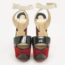 Pre Owned Christian Louboutin Black/White Leather and Patent Leather Tromploia Wedge Sandals Size 36
