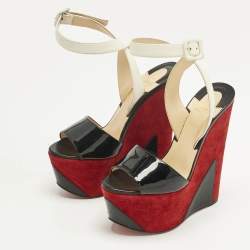 Pre Owned Christian Louboutin Black/White Leather and Patent Leather Tromploia Wedge Sandals Size 36