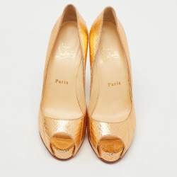 Pre Owned Christian Louboutin Metallic Python Embossed Leather Very Prive Peep Toe Pumps Size 37.5