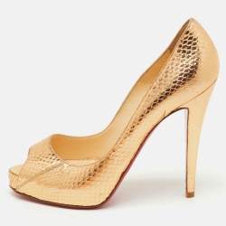 Pre Owned Christian Louboutin Metallic Python Embossed Leather Very Prive Peep Toe Pumps Size 37.5