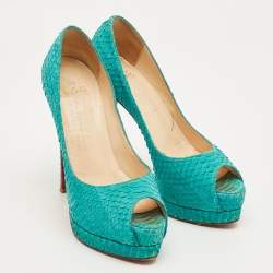 Pre Owned Christian Louboutin Green Python Leather Lady Peep Pumps Size 36