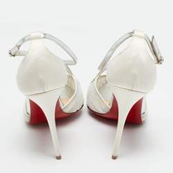 Pre Owned Christian Louboutin Beige/Silver Lace And Satin Twistissima Pointed Toe Ankle Strap Sandals Size 36