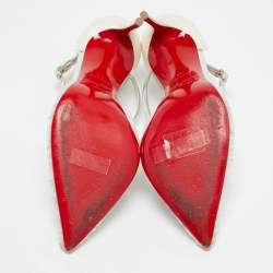 Pre Owned Christian Louboutin Beige/Silver Lace And Satin Twistissima Pointed Toe Ankle Strap Sandals Size 36