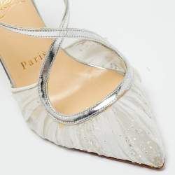 Pre Owned Christian Louboutin Beige/Silver Lace And Satin Twistissima Pointed Toe Ankle Strap Sandals Size 36