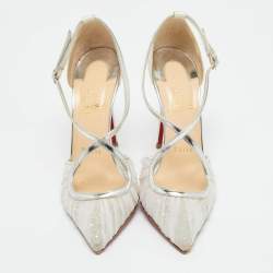 Pre Owned Christian Louboutin Beige/Silver Lace And Satin Twistissima Pointed Toe Ankle Strap Sandals Size 36