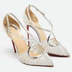 Pre Owned Christian Louboutin Beige/Silver Lace And Satin Twistissima Pointed Toe Ankle Strap Sandals Size 36