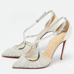 Pre Owned Christian Louboutin Beige/Silver Lace And Satin Twistissima Pointed Toe Ankle Strap Sandals Size 36