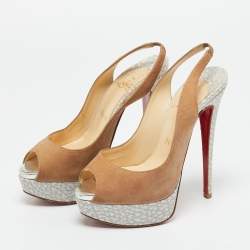 Pre Owned Christian Louboutin Beige Nubuck Leather Lady Peep Sling Platform Pumps Size 36