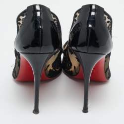 Pre Owned Christian Louboutin Black Lace and Patent Leather Follies Dentelle Pumps Size 36.5