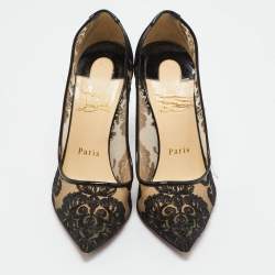 Pre Owned Christian Louboutin Black Lace and Patent Leather Follies Dentelle Pumps Size 36.5
