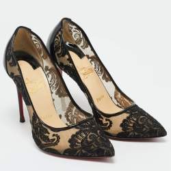 Pre Owned Christian Louboutin Black Lace and Patent Leather Follies Dentelle Pumps Size 36.5