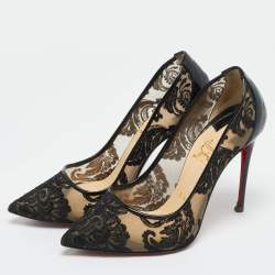 Pre Owned Christian Louboutin Black Lace and Patent Leather Follies Dentelle Pumps Size 36.5