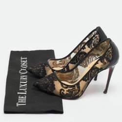 Pre Owned Christian Louboutin Black Lace and Patent Leather Follies Dentelle Pumps Size 36.5