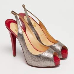 Pre Owned Christian Louboutin Silver/Pink Glitter No Prive Peep Toe Slingback Pumps Size 36
