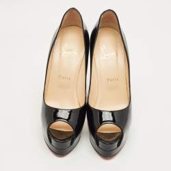 Pre Owned Christian Louboutin Black Patent Leather Lady Peep Toe Platform Pumps Size 38.5
