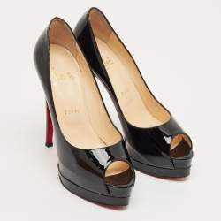Pre Owned Christian Louboutin Black Patent Leather Lady Peep Toe Platform Pumps Size 38.5