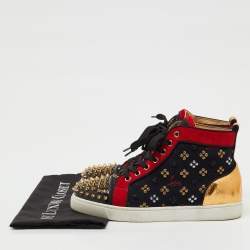 Pre Owned Christian Louboutin Multicolor Fabric and Leather Lou Spike Orlato High Top Sneakers Size 38.5