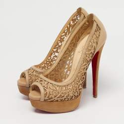 Pre Owned Christian Louboutin Beige Leather Cut Out Pampas Peep Toe Pumps Size 36