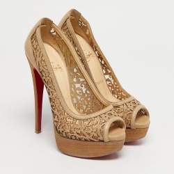 Pre Owned Christian Louboutin Beige Leather Cut Out Pampas Peep Toe Pumps Size 36