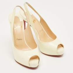 Pre Owned Christian Louboutin Cream Patent Leather Private Number Slingback Pumps Size 37.5