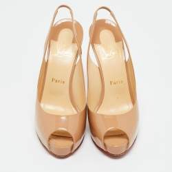Pre Owned Christian Louboutin Beige Patent Leather Private Number Slingback Pumps Size 38