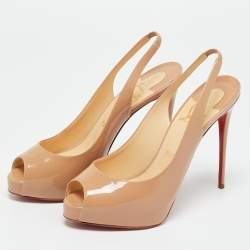 Pre Owned Christian Louboutin Beige Patent Leather Private Number Slingback Pumps Size 38