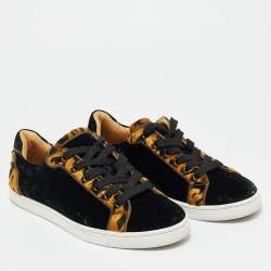 Pre Owned Christian Louboutin Black/Gold Leopard Print Velvet Lace Up Sneakers Size 37