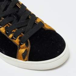 Pre Owned Christian Louboutin Black/Gold Leopard Print Velvet Lace Up Sneakers Size 37