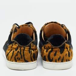 Pre Owned Christian Louboutin Black/Gold Leopard Print Velvet Lace Up Sneakers Size 37
