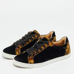 Pre Owned Christian Louboutin Black/Gold Leopard Print Velvet Lace Up Sneakers Size 37