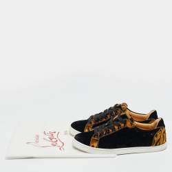 Pre Owned Christian Louboutin Black/Gold Leopard Print Velvet Lace Up Sneakers Size 37