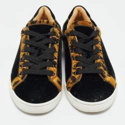 Pre Owned Christian Louboutin Black/Gold Leopard Print Velvet Lace Up Sneakers Size 37