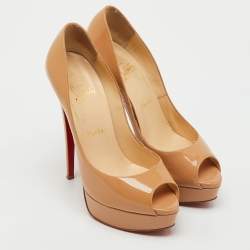 Pre Owned Christian Louboutin Beige Patent Leather Lady Peep Toe Platform Pumps Size 38