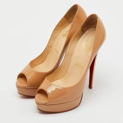 Pre Owned Christian Louboutin Beige Patent Leather Lady Peep Toe Platform Pumps Size 38