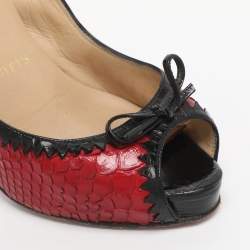 Pre Owned Christian Louboutin Red/Black Python Leather Bow Very Prive Peep-Toe Pumps Size 36.5