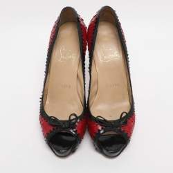 Pre Owned Christian Louboutin Red/Black Python Leather Bow Very Prive Peep-Toe Pumps Size 36.5